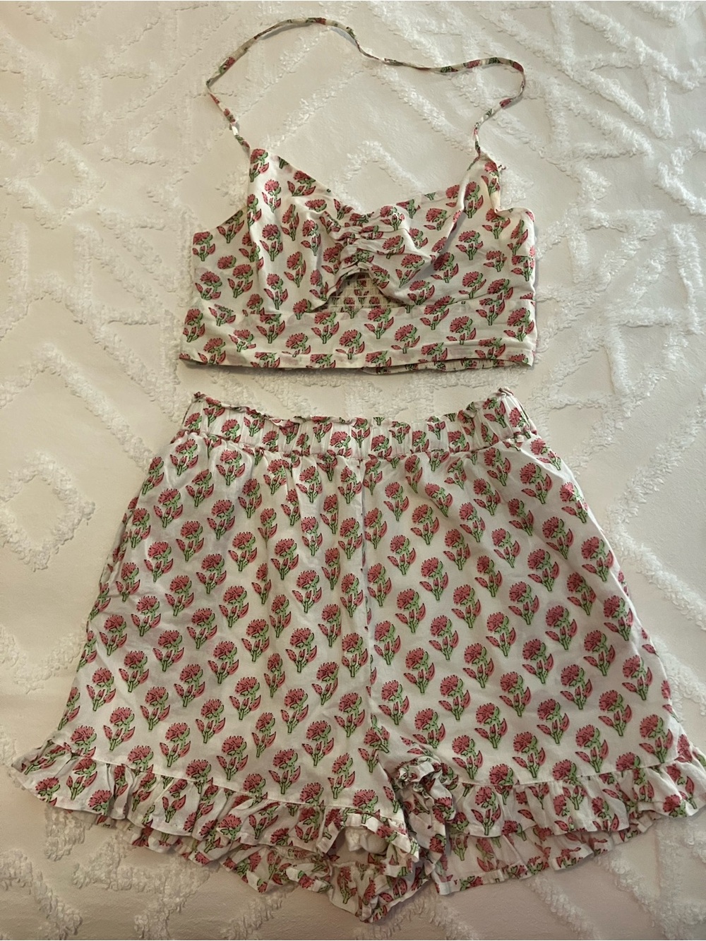 Rahi Floral Ruffle Cotton Shorts Set - Pink/Green